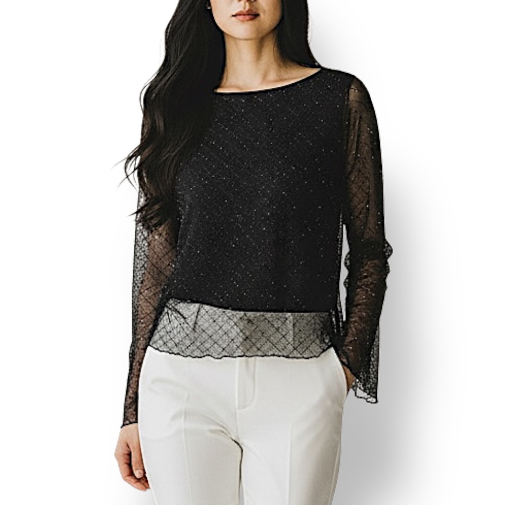 4/$20 Anne Klein Petite Vintage Beaded Mesh Evening Black Sheer Sleeve Blouse